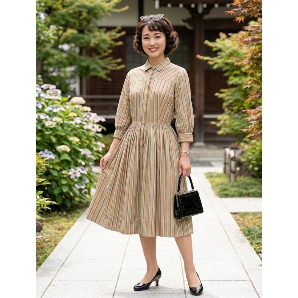 Vtg 50s 60s Shinozuka Tokyo Striped Cotton Shirtwaist Dress Mid Century XS